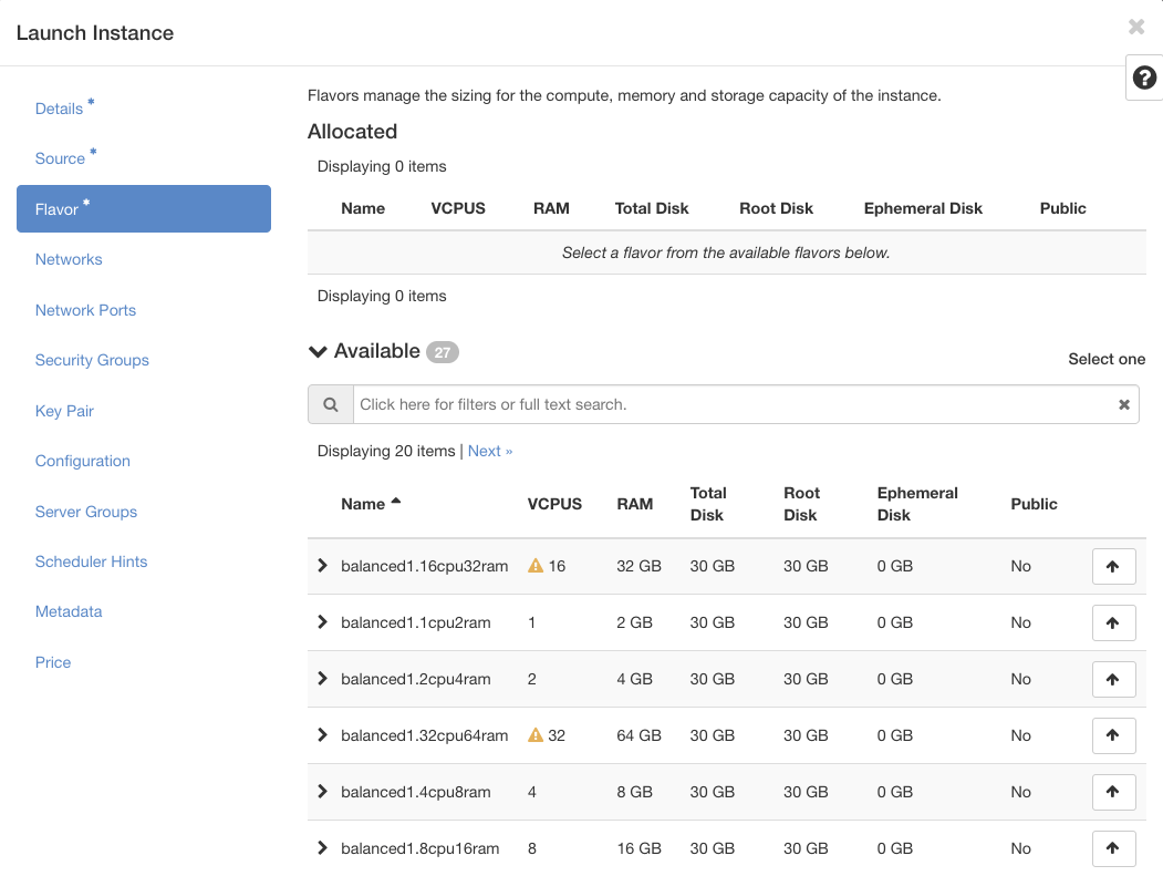 Screenshot of the flavors list in the RDC dashboard