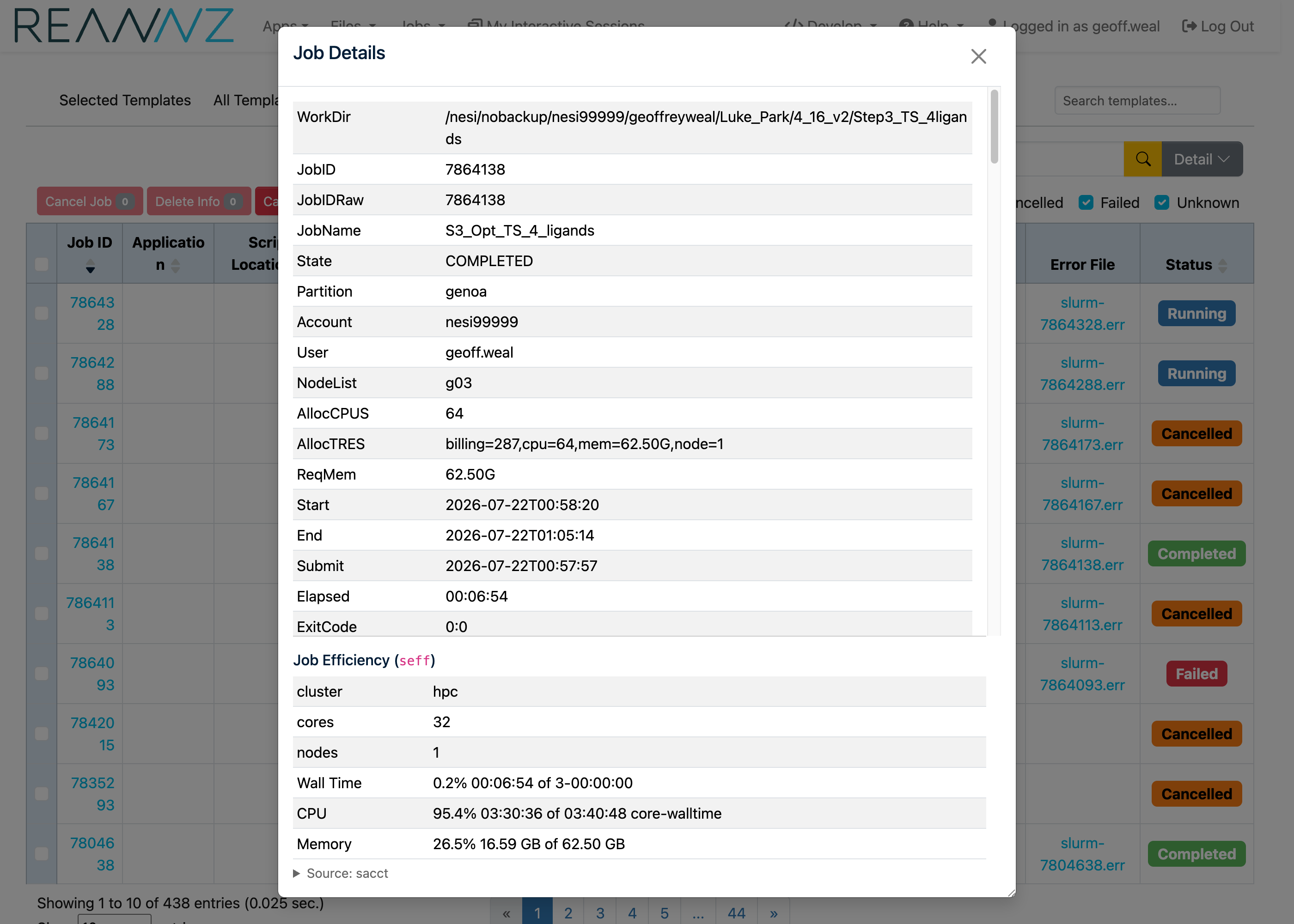 Job Details window showing the Job Efficiency section