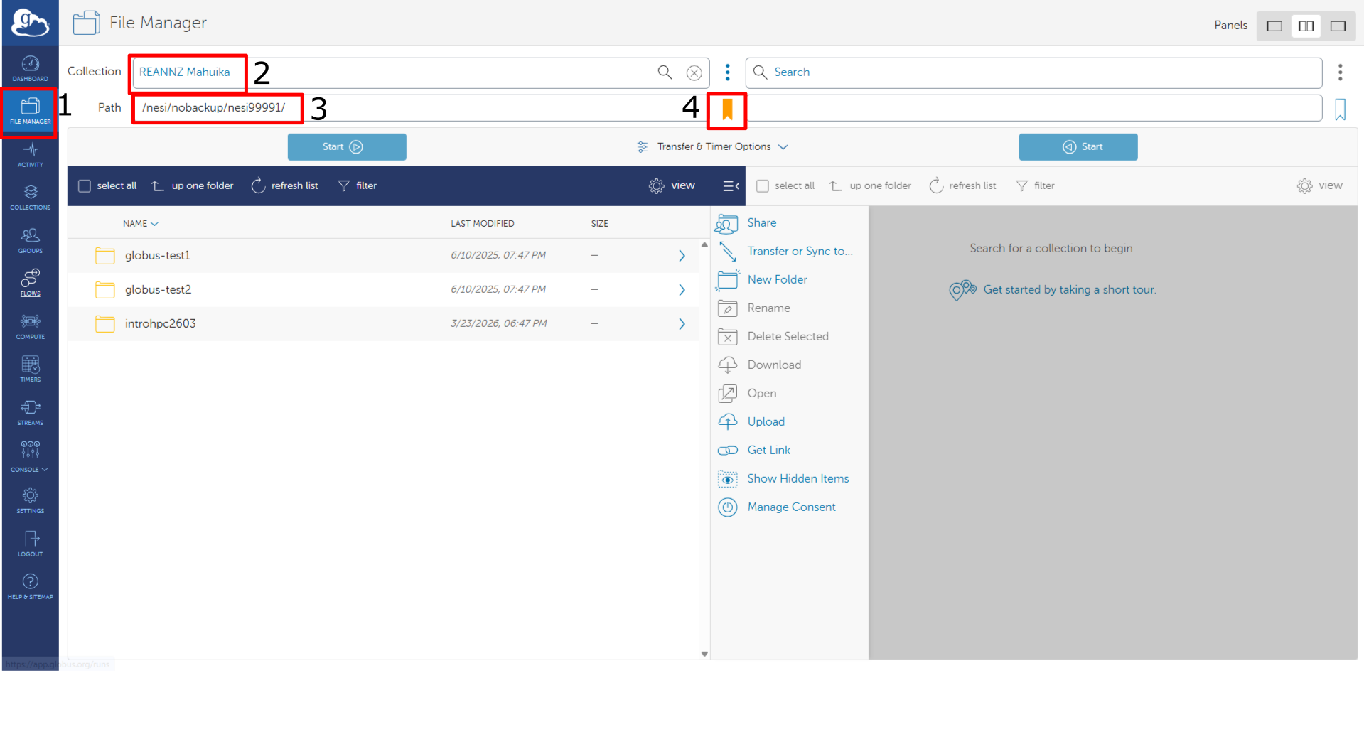 Clicking the bookmark icon in the Globus File Manager