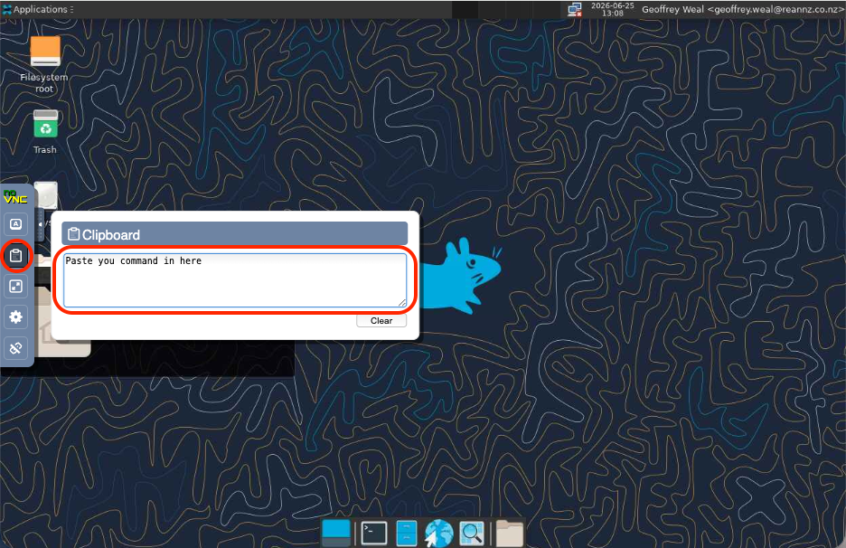 The Clipboard panel open in the VNC sidebar