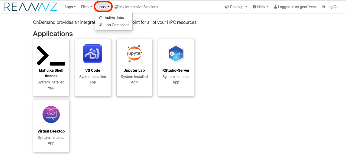 Direction to Jobs Section of Mahuika OnDemand